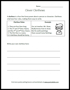 Clerihew writing worksheet for kids