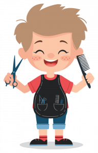 A cartoon barber holding scissors and a comb