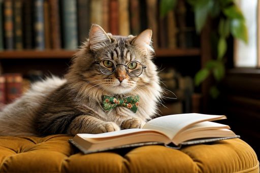 Cat with glasses reading a book