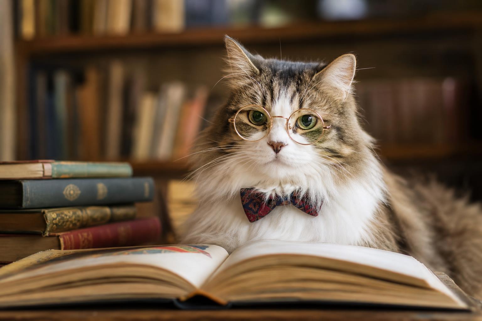 Cat with glasses reading a book