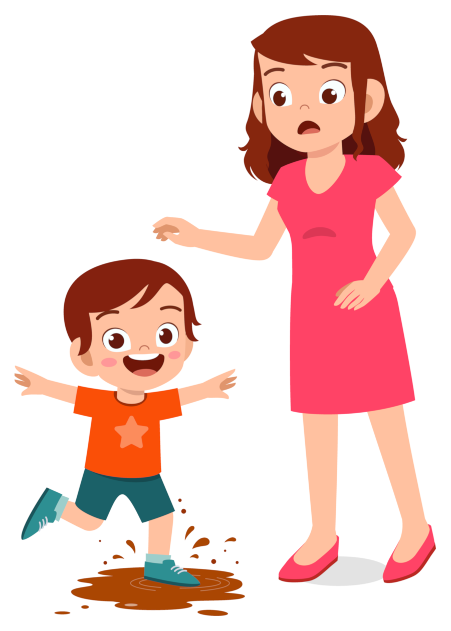 Illustration of child splashing in a mud puddle before his confused mother