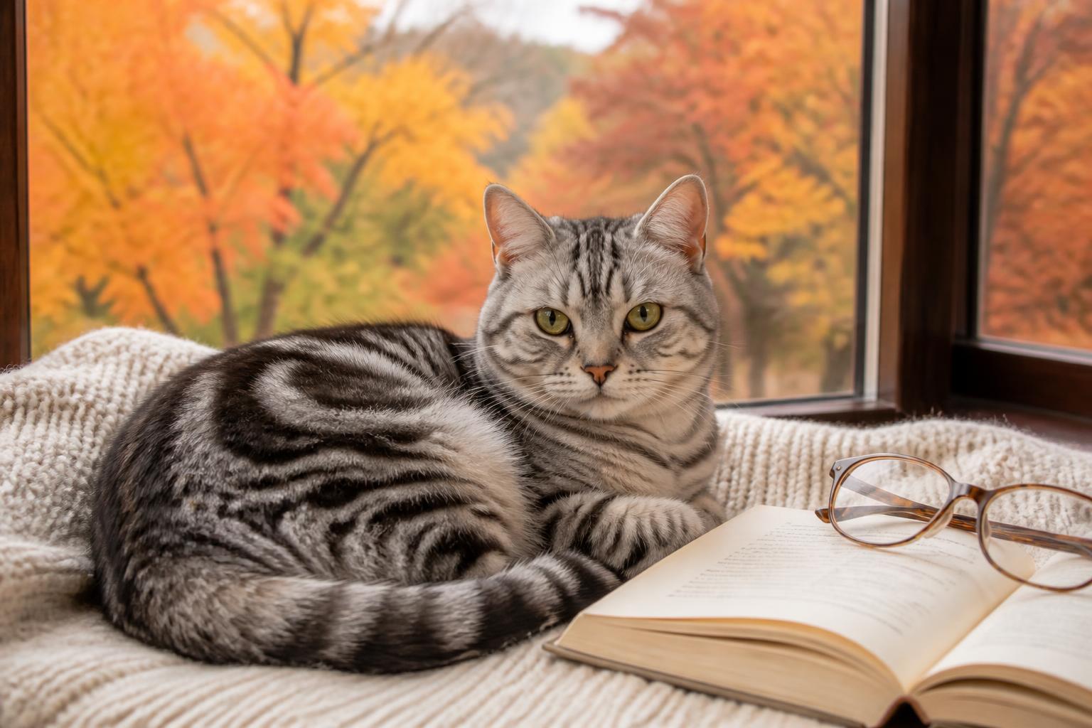 Cat with glasses reading a book