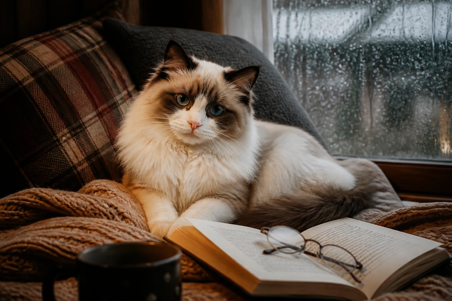 Cat with glasses reading a book
