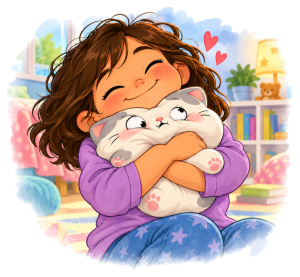 Illustration of a young girl in her bedroom squeezing a squishy toy