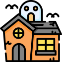 Cartoon icon of a haunted house representing the poem "Game Night at the Haunted House" by Kenn Nesbitt