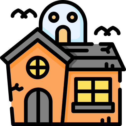 Cartoon icon of a haunted house representing the poem "Game Night at the Haunted House" by Kenn Nesbitt