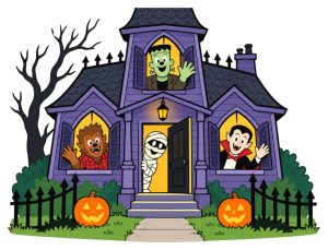 A cartoon illustration of a haunted house with a smiling werewolf, mummy, vampire, and Frankenstein's monster looking out of the doors and windows.