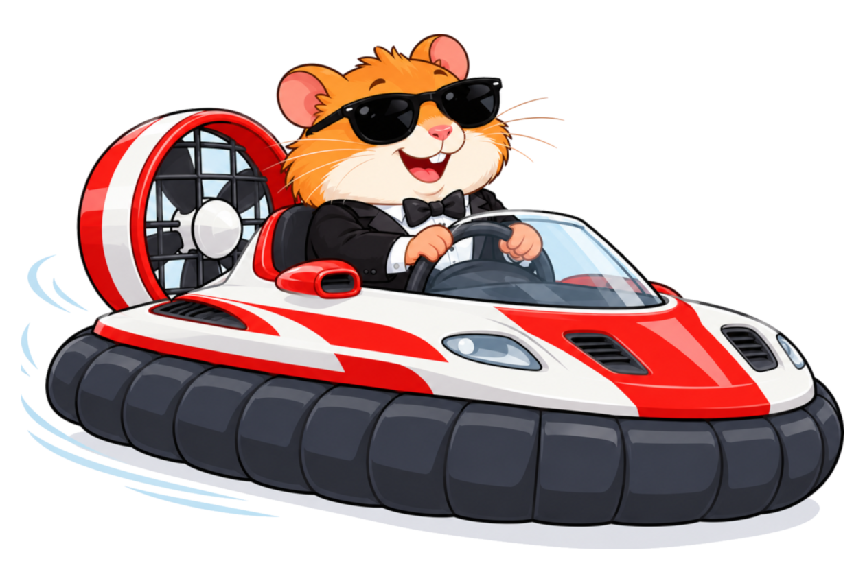 A colorful cartoon illustration of a hamster in a tuxedo piloting a sporty hovercraft