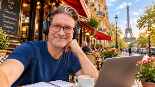 Photograph of author Kenn Nesbitt studying in a Paris cafe with headphones on