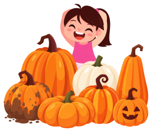 Cartoon illustration of a happy young girl with lots of pumpkins