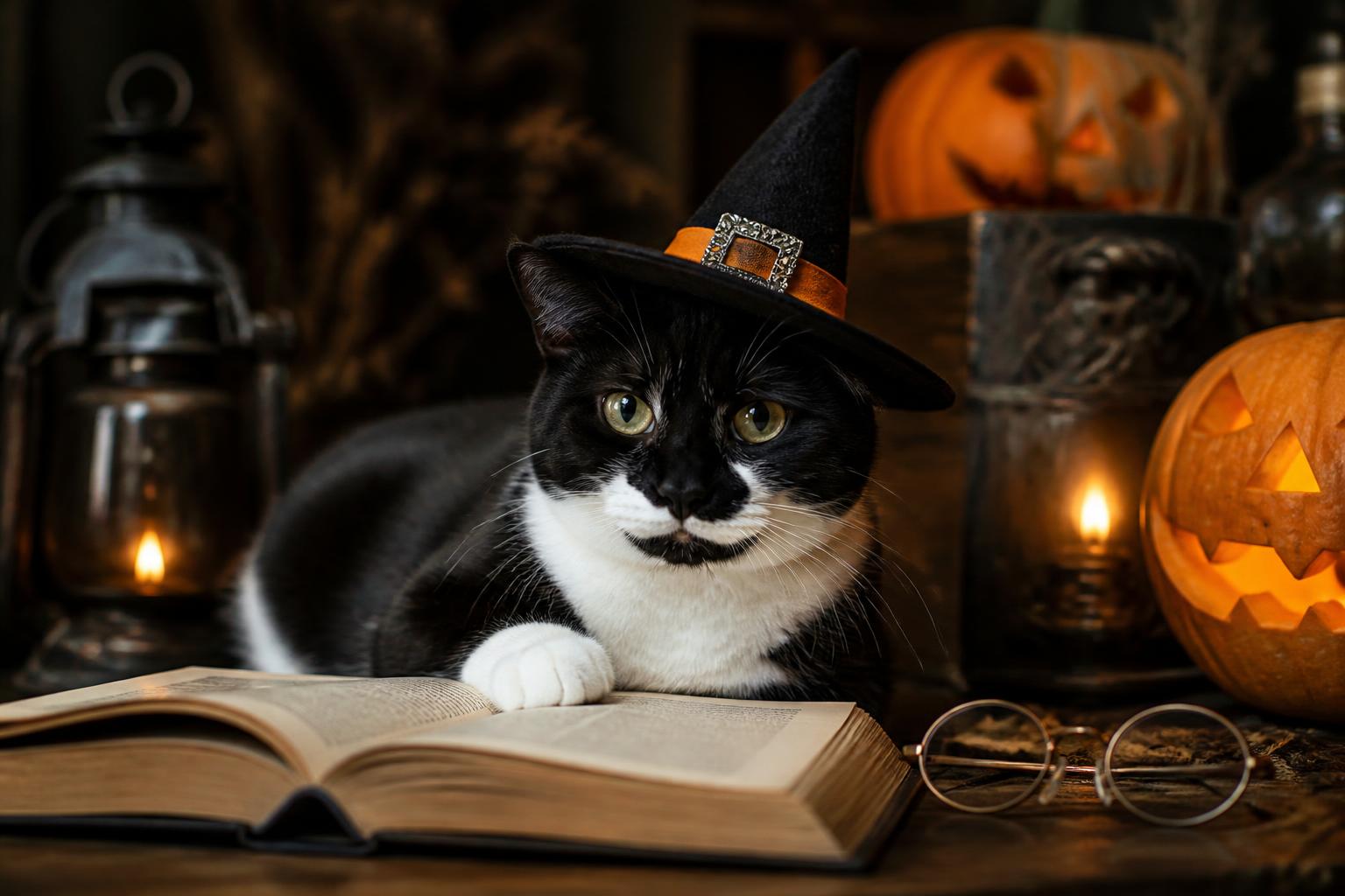 Cat with glasses reading a book
